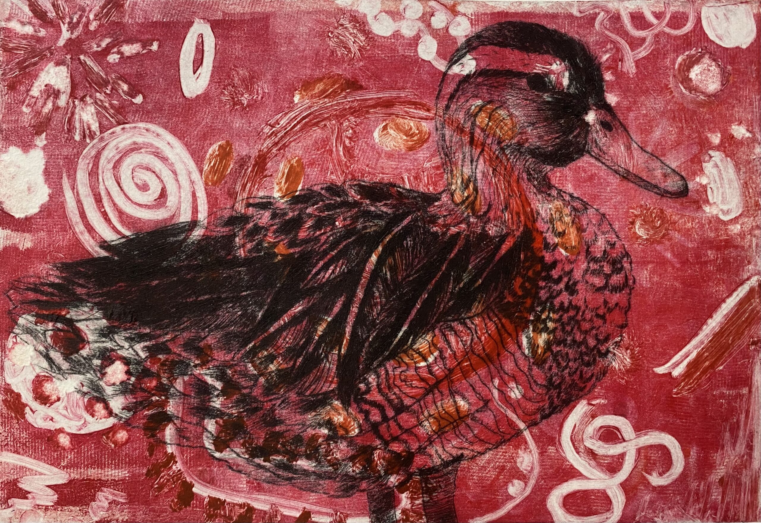 grafiikan teos linnusta punaisella kuviollisella pohjalla